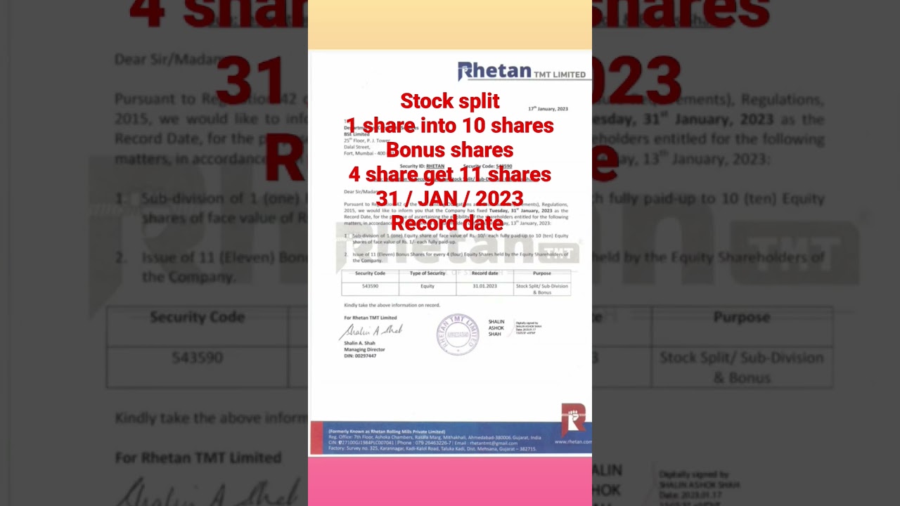 rhetan tmt Ltd share stock split | bonus issue record date update #stockmarket #bonus #stocksplit