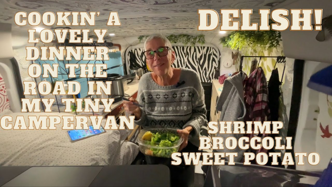 COOKING A LOVELY MEAL IN A TINY CAMPERVAN - SHRIMP, BROCCOLI, JAPANESE WHITE SWEET POTATO DELISH!!!