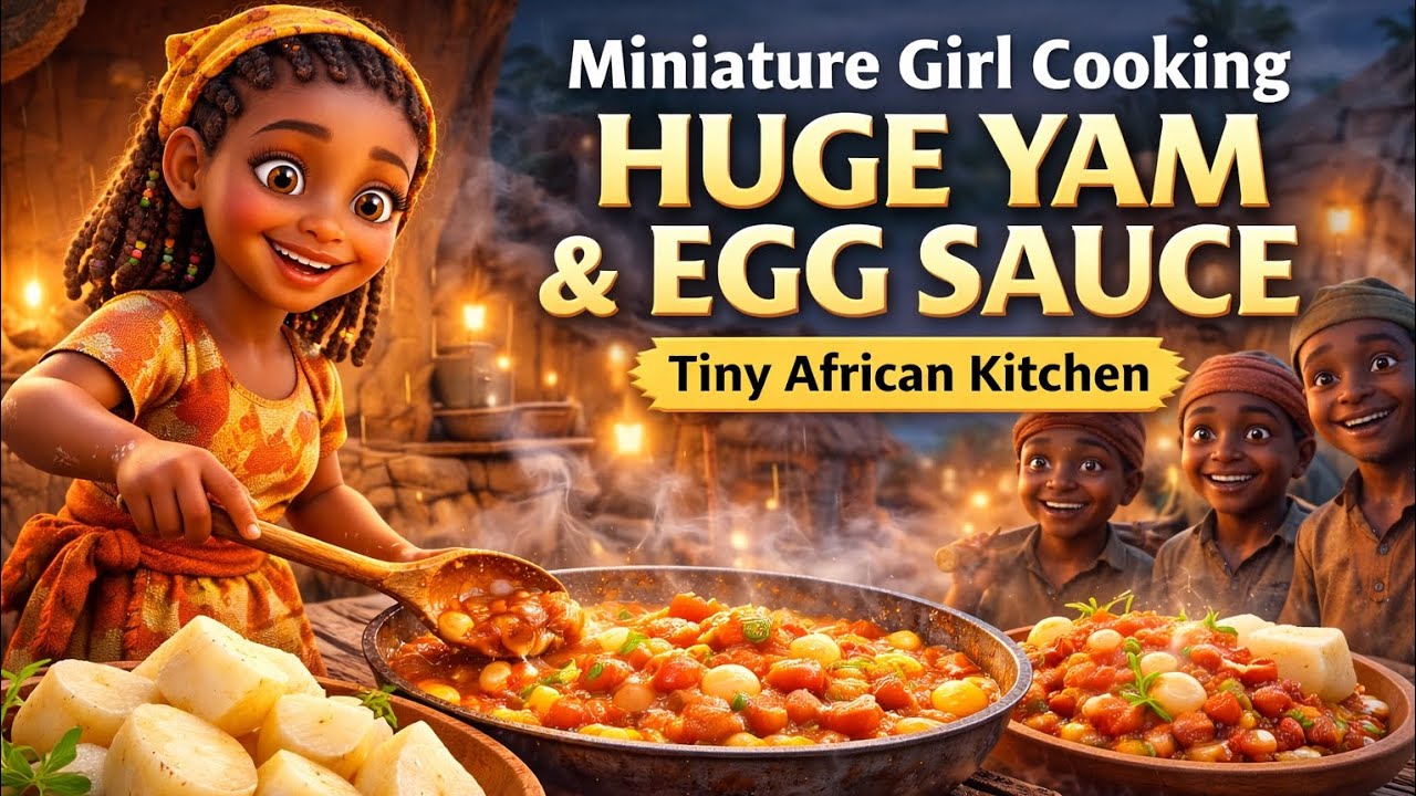 Miniature Girl Cooking Huge Yam & Egg Sauce in Tiny African Kitchen | Village Cooking ASMR