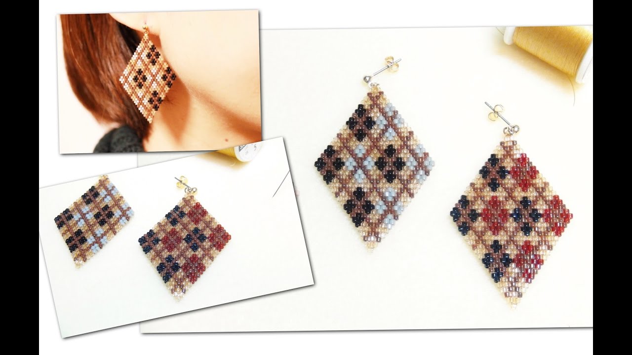 ひし形ビーズピアスの作り方（アーガイル柄）　11/0 Delica beads　DIY