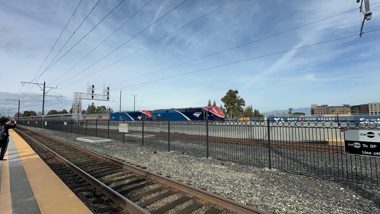 Late Amtrak Coast Starlight meets Caltrain EMU Train #621 at Santa Clara Caltrain Station 