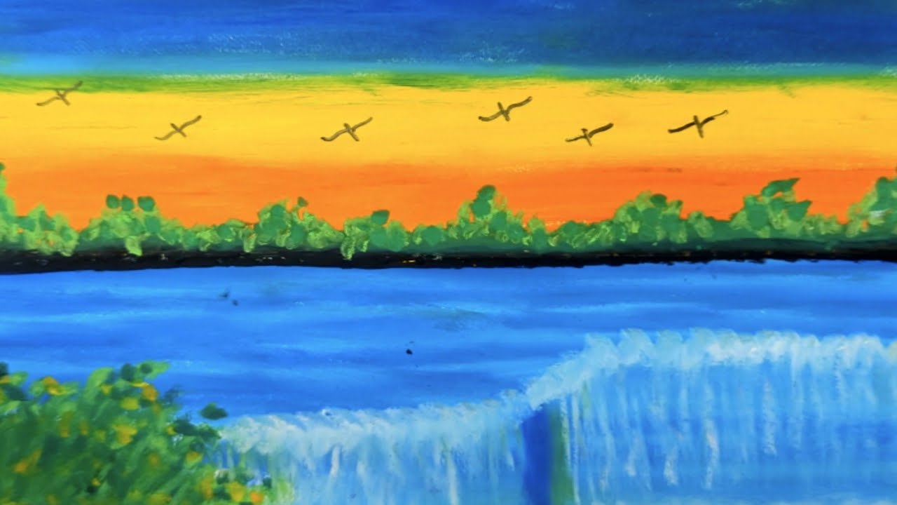 How to Draw Beautiful Sunset Waterfall Landscape Drawing | Easy Acrylic Painting for Beginners 🌅