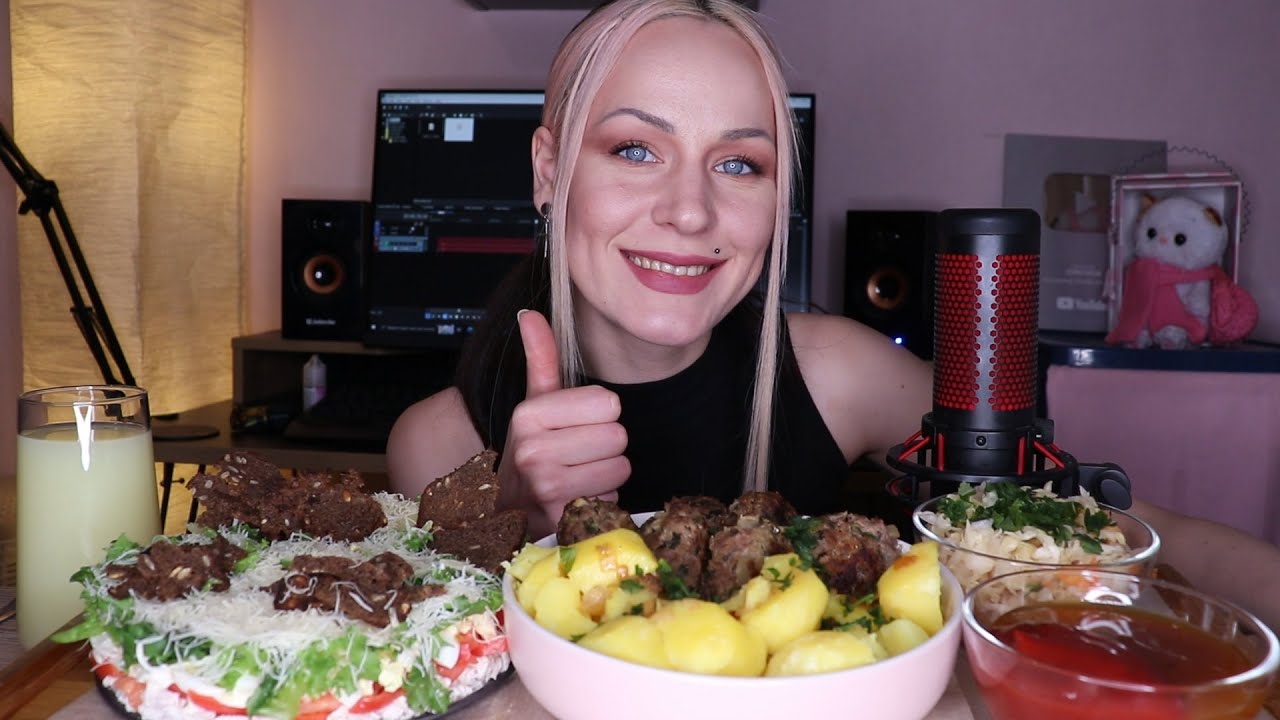MUKBANG | Салат цезарь, котлеты, картофель капуста | Caesar salad, cutlets, potato cabbage не ASMR
