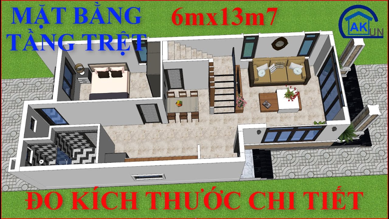 Mặt Bằng Tầng Trệt Nhà Gác Lửng Diện Tích 6x13m7 Thiết Kế Thông Minh | Nhà Đẹp Dakcun Dk156
