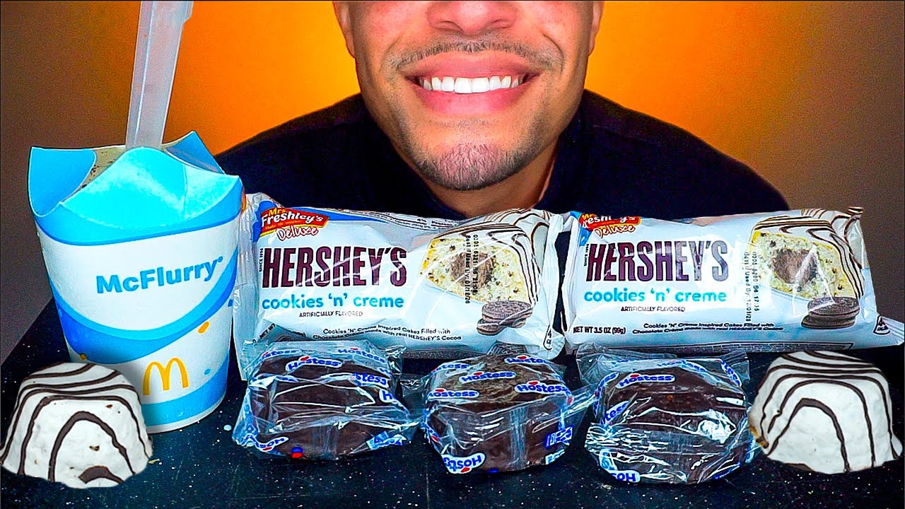 ASMR MCDONALD'S OREO MCFLURRY HERSHEY'S COOKIES 'N' CREME HOSTESS DING DONGS EATING SOUNDS MUKBANG