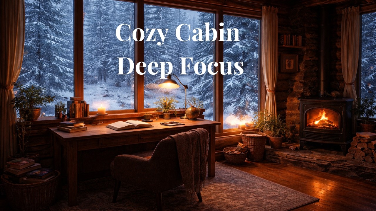 Cozy Cabin Deep Focus | Brown Noise for Studying, ADHD Focus & Productivity (Snow Falling Outside)