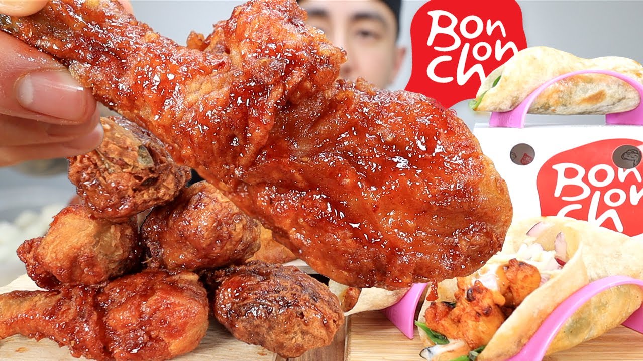 MUKBANG EATING Korean SPICY Fried Chicken, Korean Chicken Tacos, Onion Rings From Bonchon