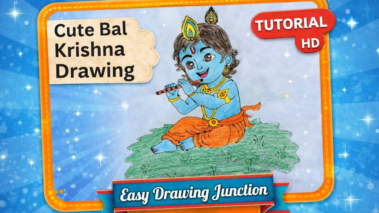 How to Draw Cute Bal Krishna Playing Flute | Easy Step by Step Krishna Drawing for Kids