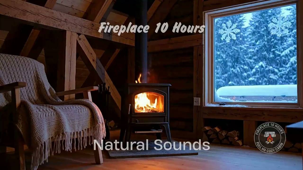 Full HD Winter Cabin Fireplace Sounds | 10 Hours of Crackling Fire & Snowfall Relaxation