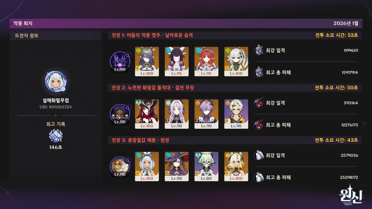 [원신] 6.3 지맥제압전 라우마 차스카 말라니 146초