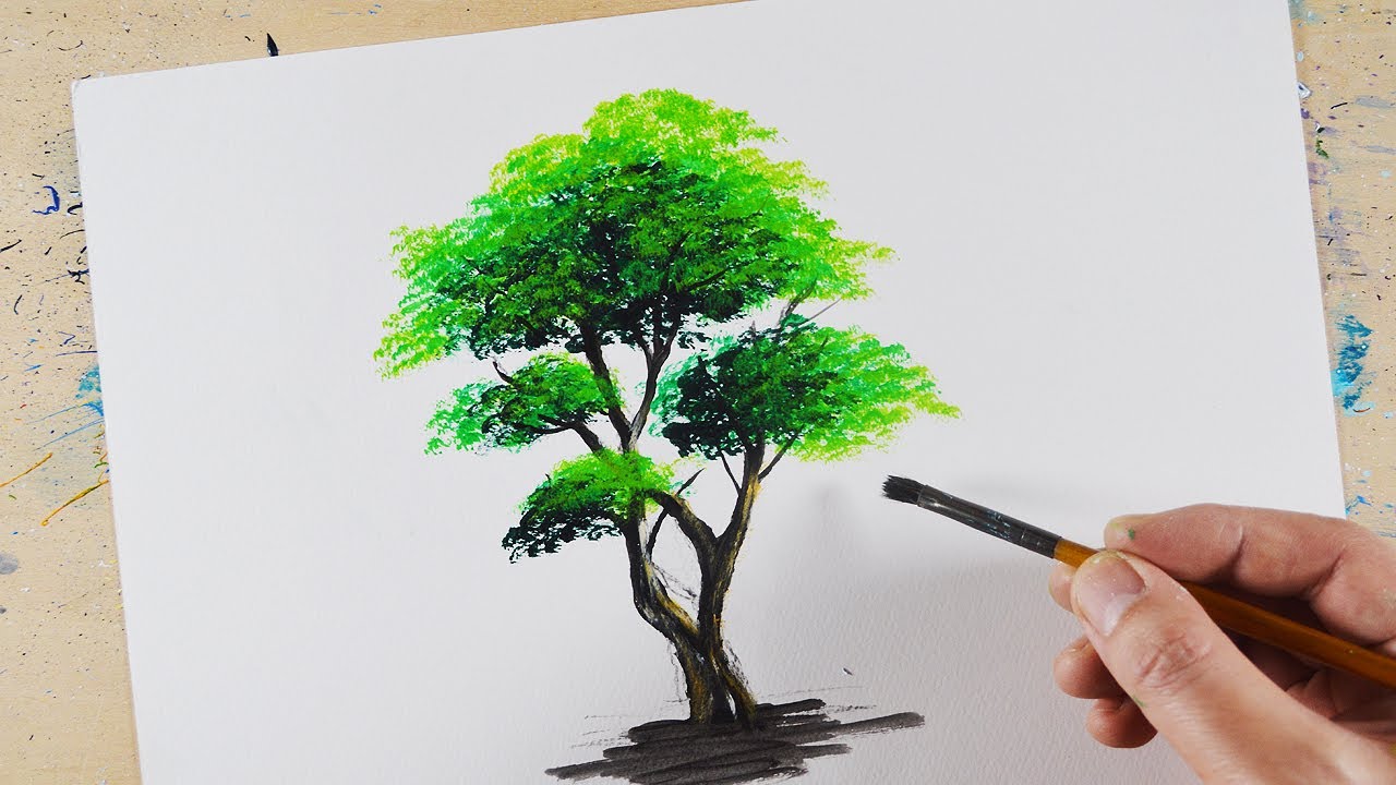 基礎編：アクリル絵の具を使用した「木」の描き方 / 初心者が簡単に絵を描く方法 #84