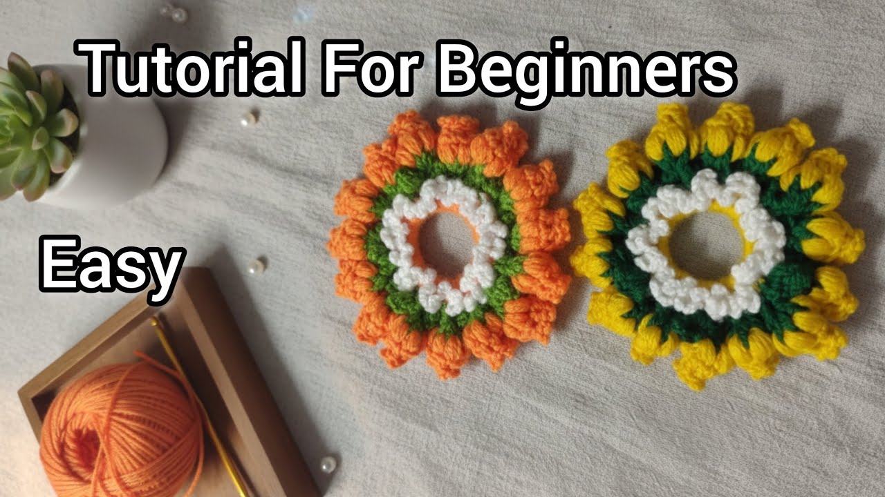 tulip scrunchy making with crochet, tulip scrunchy tutorial for beginners, easy to make tulip 