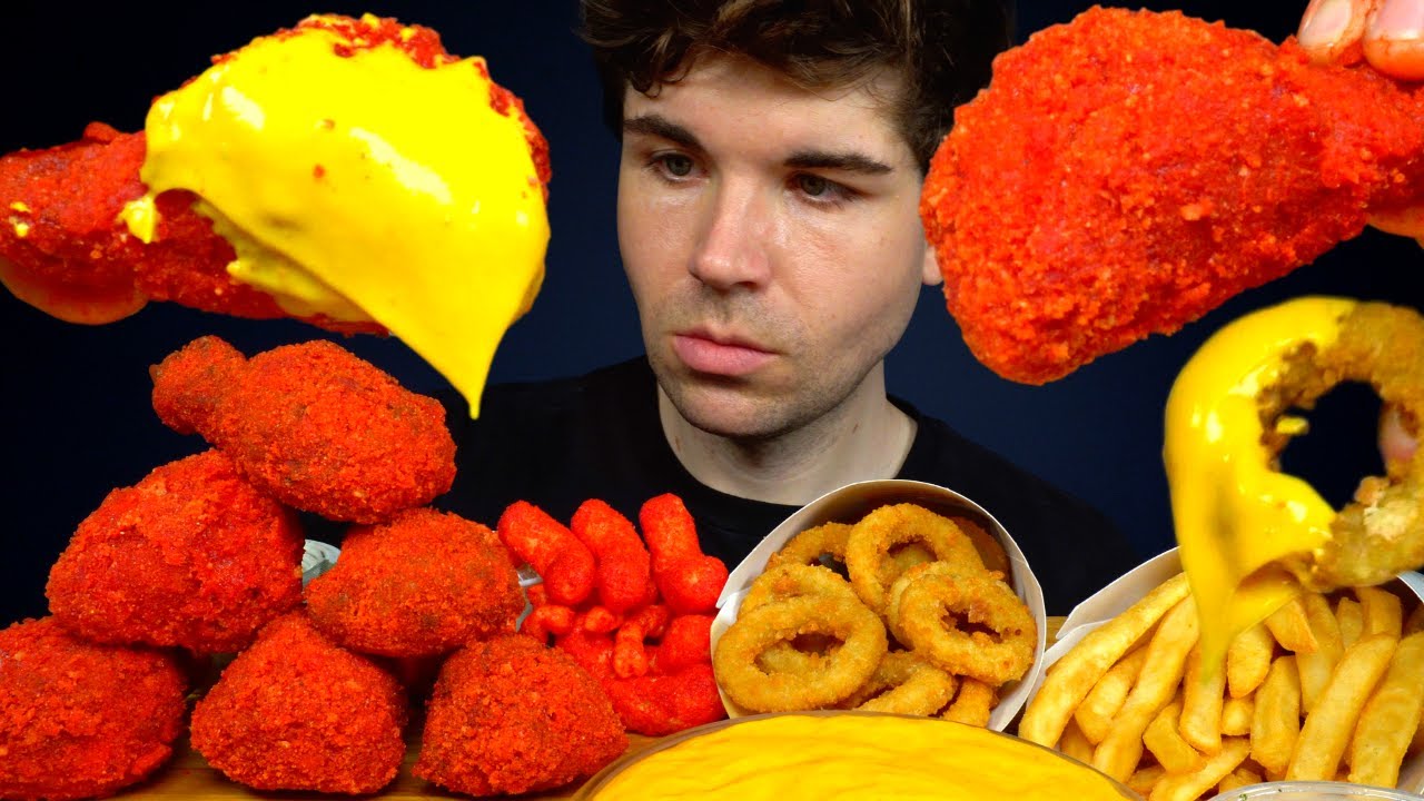ASMR MUKBANG FLAMIN’ HOT CHEETOS CHICKEN WITH CHEESE ONION RINGS & FRIES