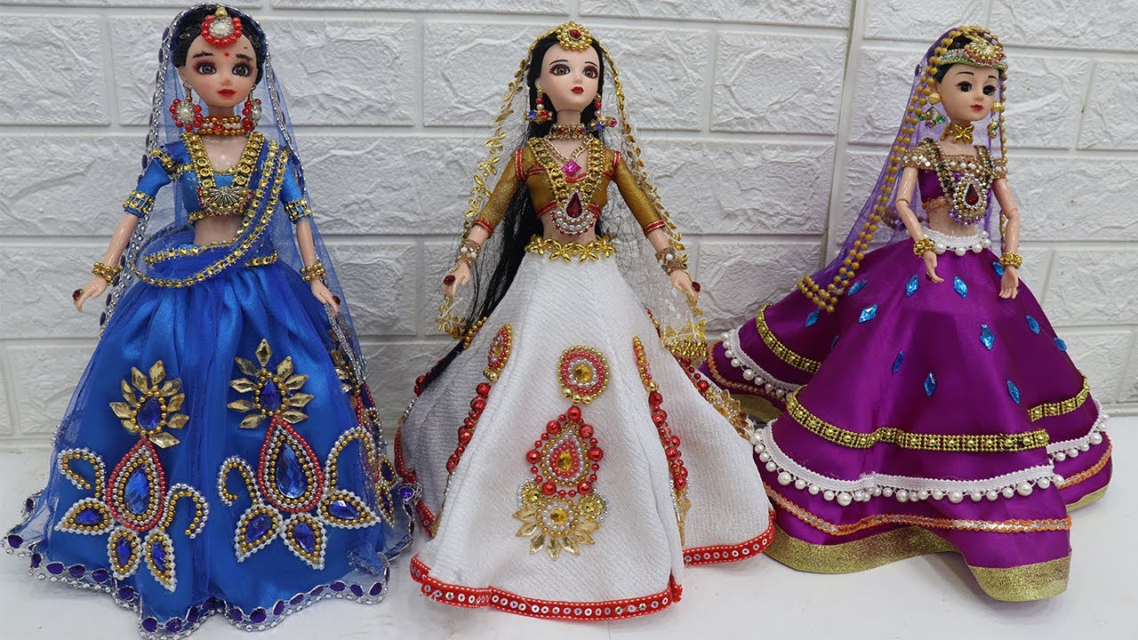 3 South indian bridal dress and Jewellery, Doll decoration with clothes