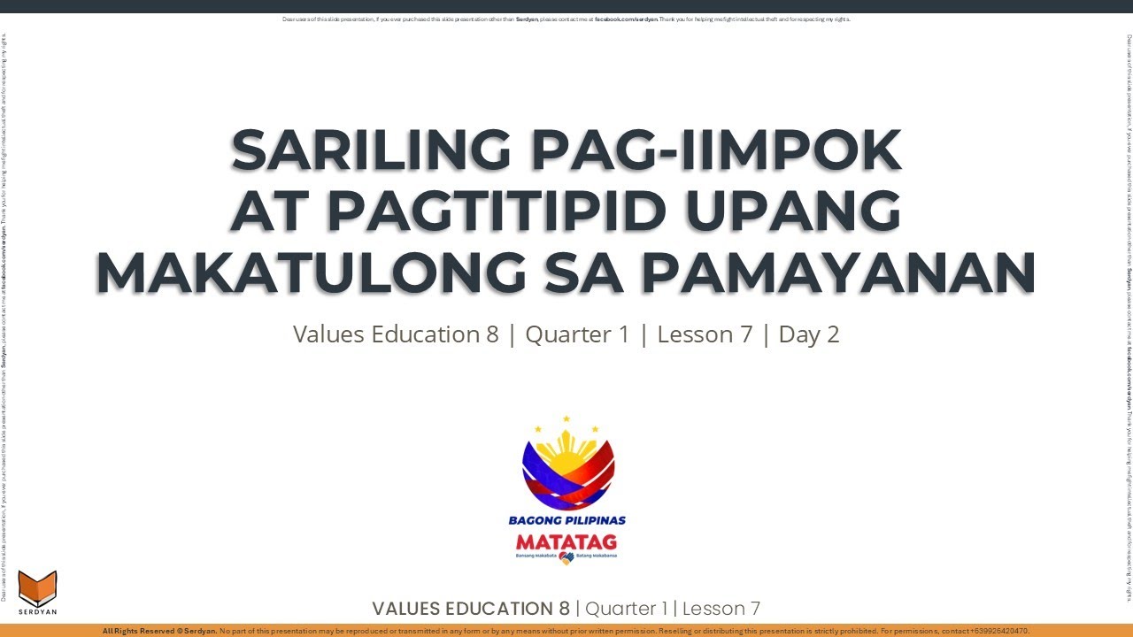 Values Education 8 - Q1W7D2 - Sariling Pag-iimpok at Pagtitipid Upang Makatulong sa Pamayanan