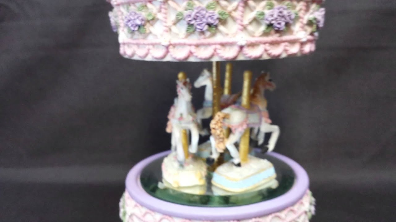Carousel Horses Music Box Lilac Roses Glass Top Carousel Waltz