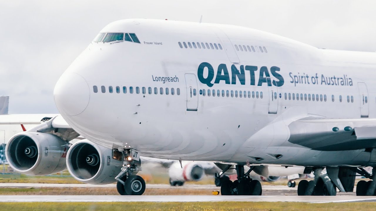 Qantas Boeing 747-400 RB211 CLOSE UP SPOOL & Takeoff Melbourne Airport - [VH-OJT]