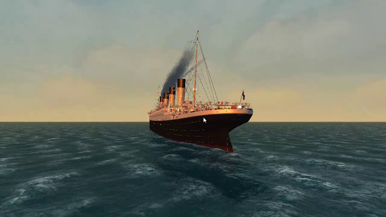 RMS Titanic sailing in open sea at sunset
