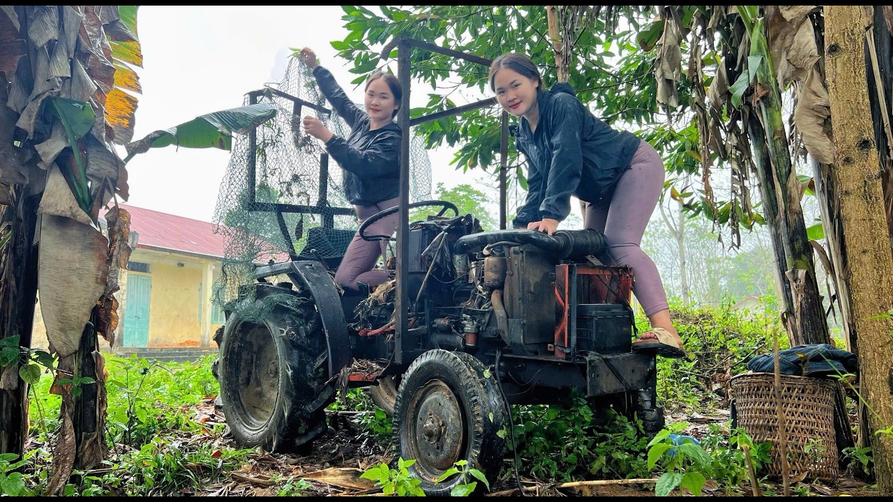 The girl repairs and restores a scrap tractor that has been rusterd for years.
