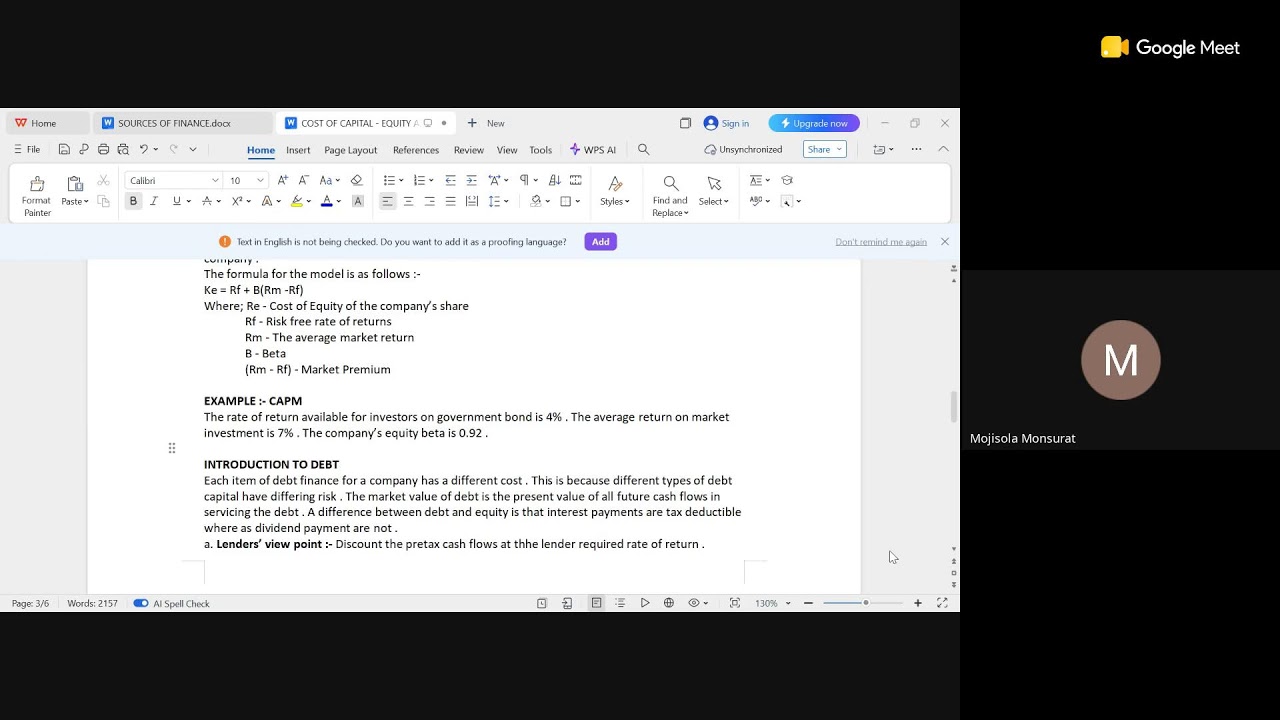 Financial Management - Nov. 2026 Diet Cost of Capital -  Equity and Introduction to  Debt