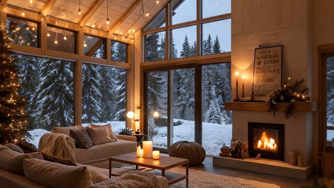 Warm Fireplace Sounds While Snow Falls Outside | Relaxing Winter Cabin