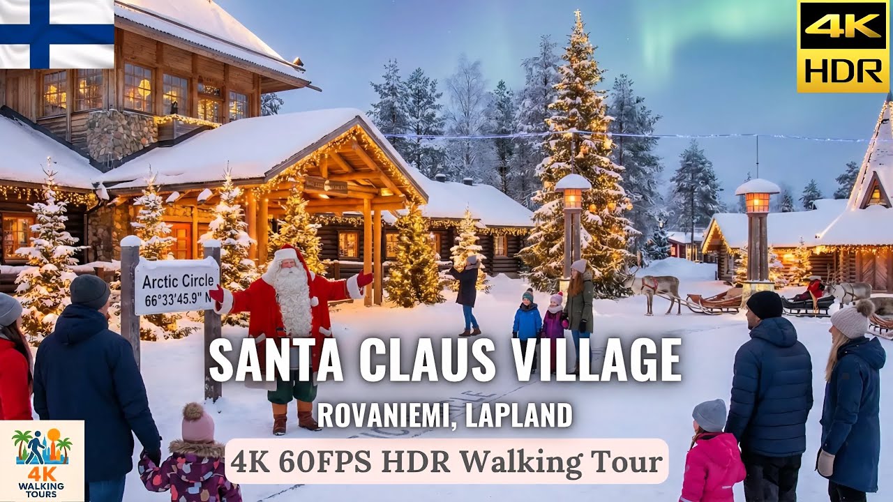 Santa Claus Village, Rovaniemi, Lapland, Finland, Arctic Circle 🎅🎄 Snowy Night Walking Tour 4k 60FPS