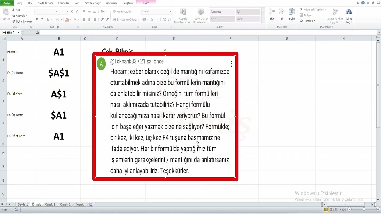 #Excel F4 Sabitleme Mantığı
