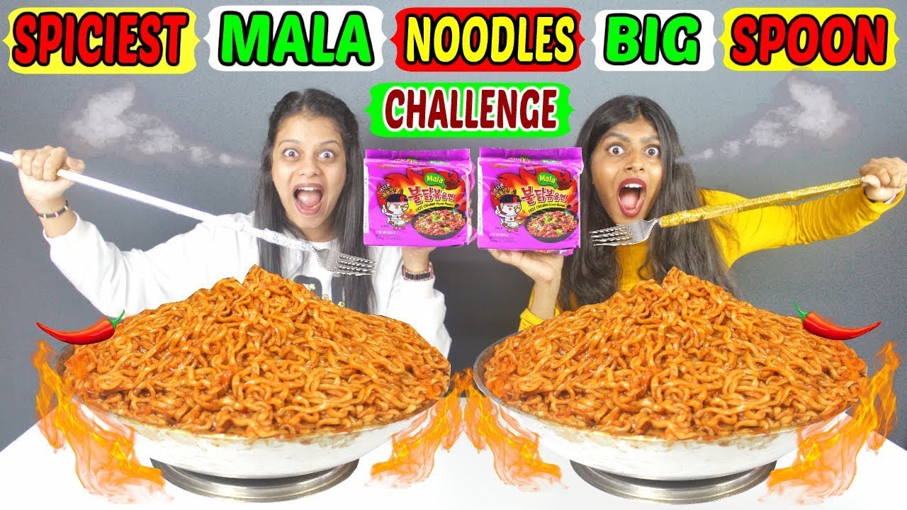 SPICIEST MALA NOODLES WITH BIG SPOON CHALLENGE | GIRLS SPICIEST NOODLES EATING COMPETITION (Ep-228)