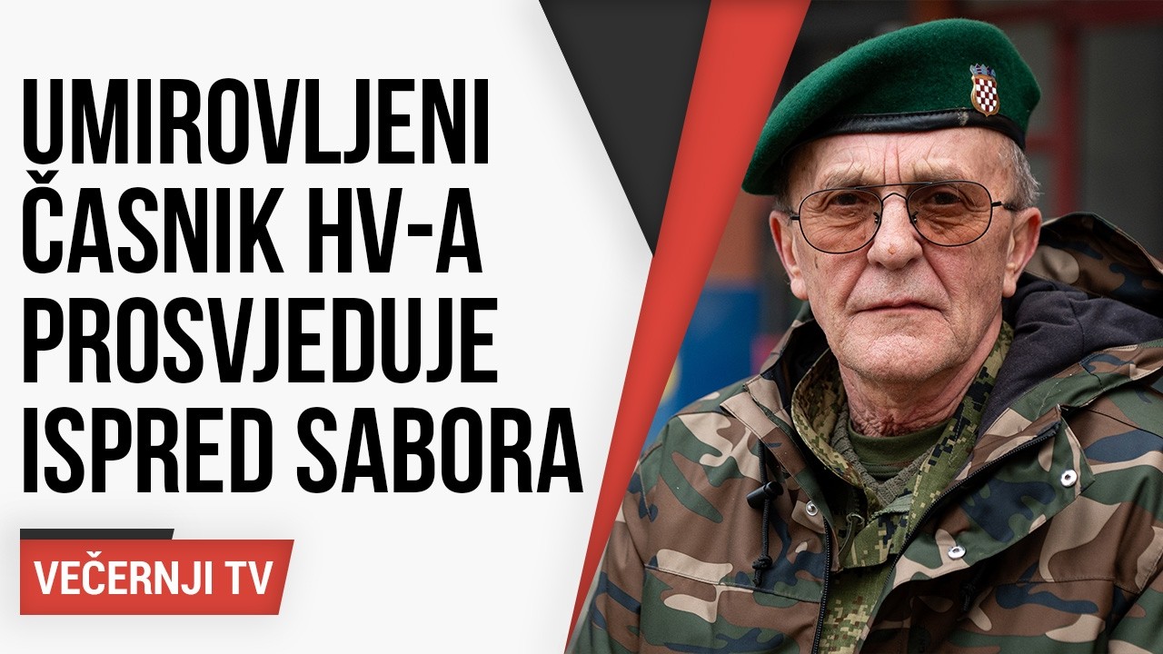 Umirovljeni časnik HV-a Stjepan &Scaron;erić prosvjeduje protiv ministra Anu&scaron;ića nasuprot Hrvatskog sabora