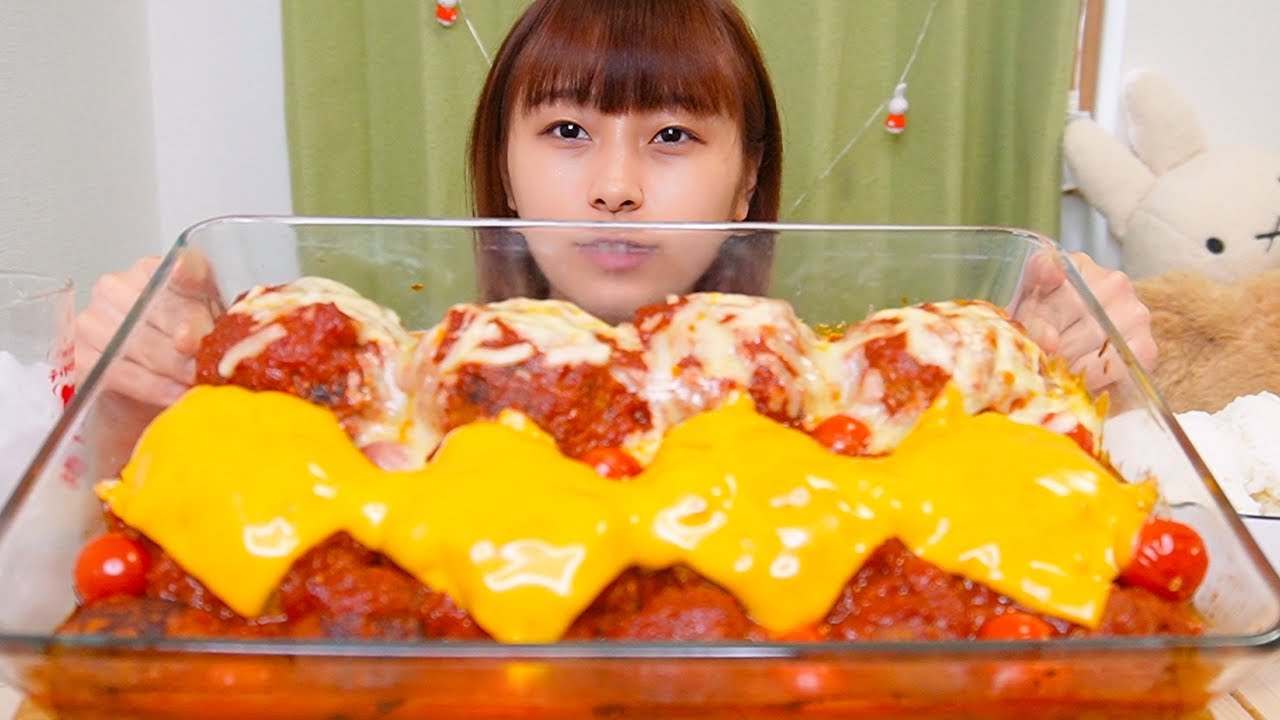 【大食い】肉汁たっぷりのトマトチーズハンバーグと大盛りご飯