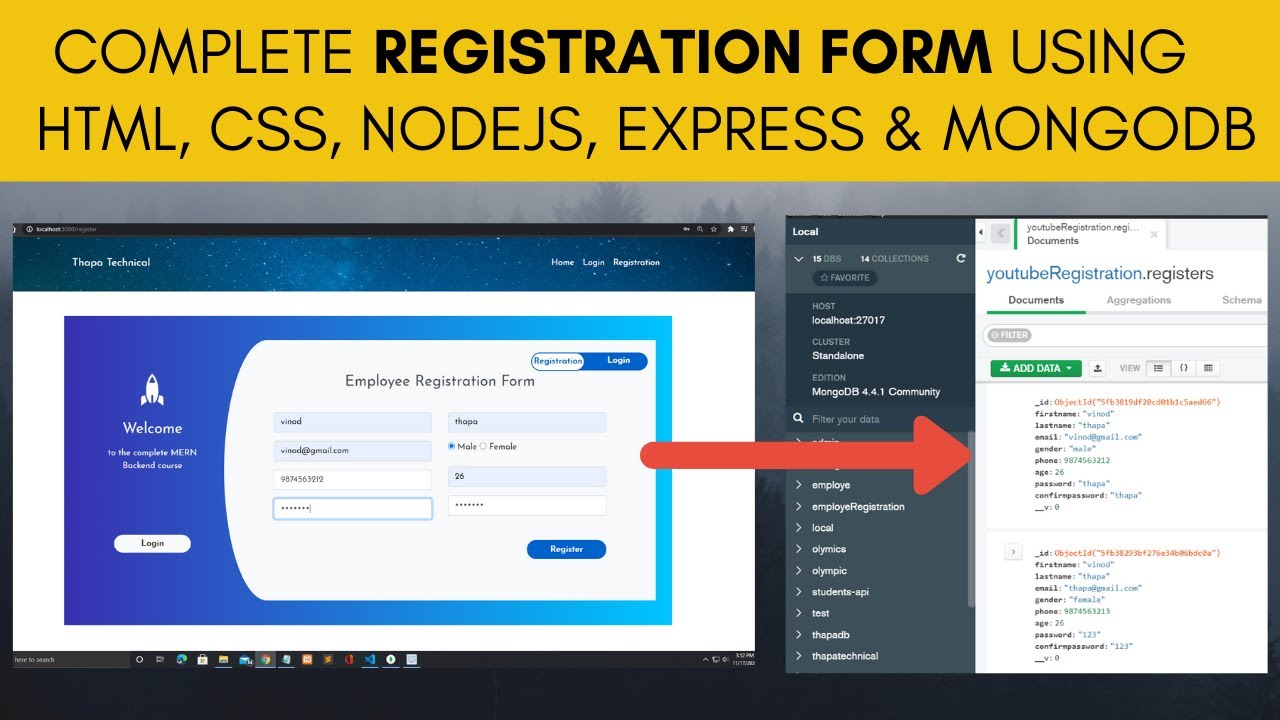 🔴 Complete Registration Form using HTML, CSS, Node JS, Express, and MongoDB in Hindi in 2022