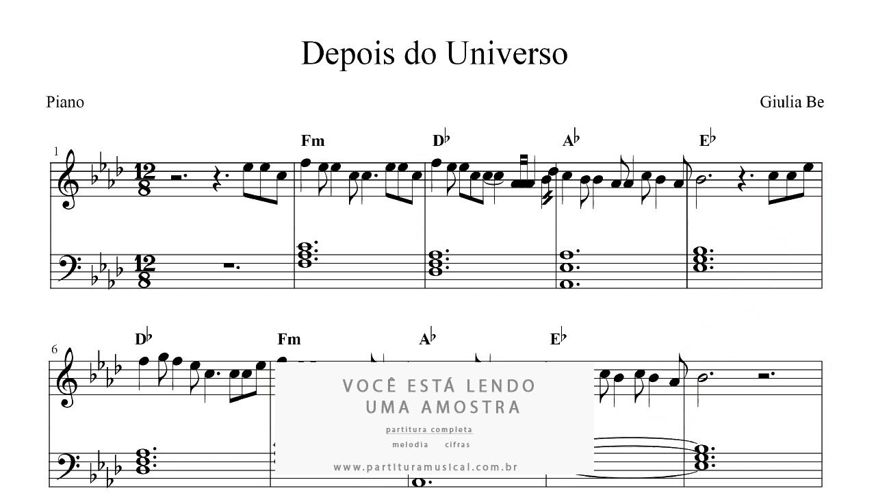 Partitura de Piano Depois do Universo - Giulia Be