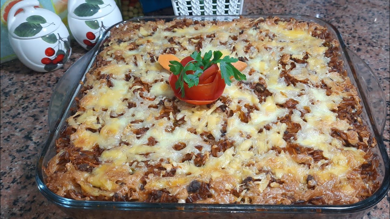 طاجن لسان العصفور باللحمه المفرومه والجبنة الموتزريلا من الذ الاطباق