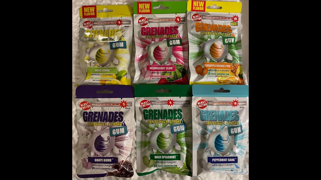 Grenades Explosively Strong Gum: Lemon, Melonberry, Pineapple Orange, Grape, Spearmint, Peppermint