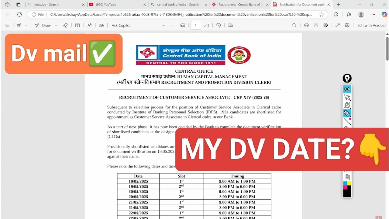 ABOUT CENTRAL BANK OF INDIA DV DATES || MAIL FOR DOCUMENT VERIFICATION FOR CBI