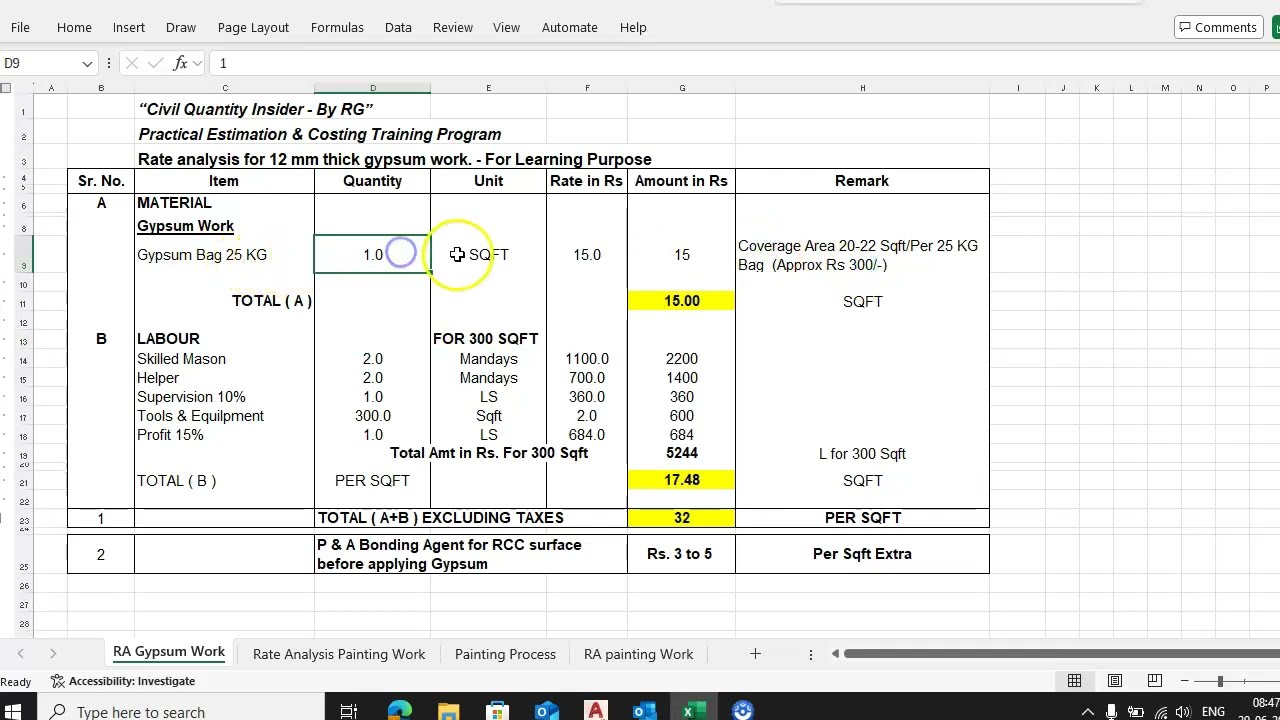 Gypsum work Consumption, Constant & Rate analysis for Budgetary Purpose
