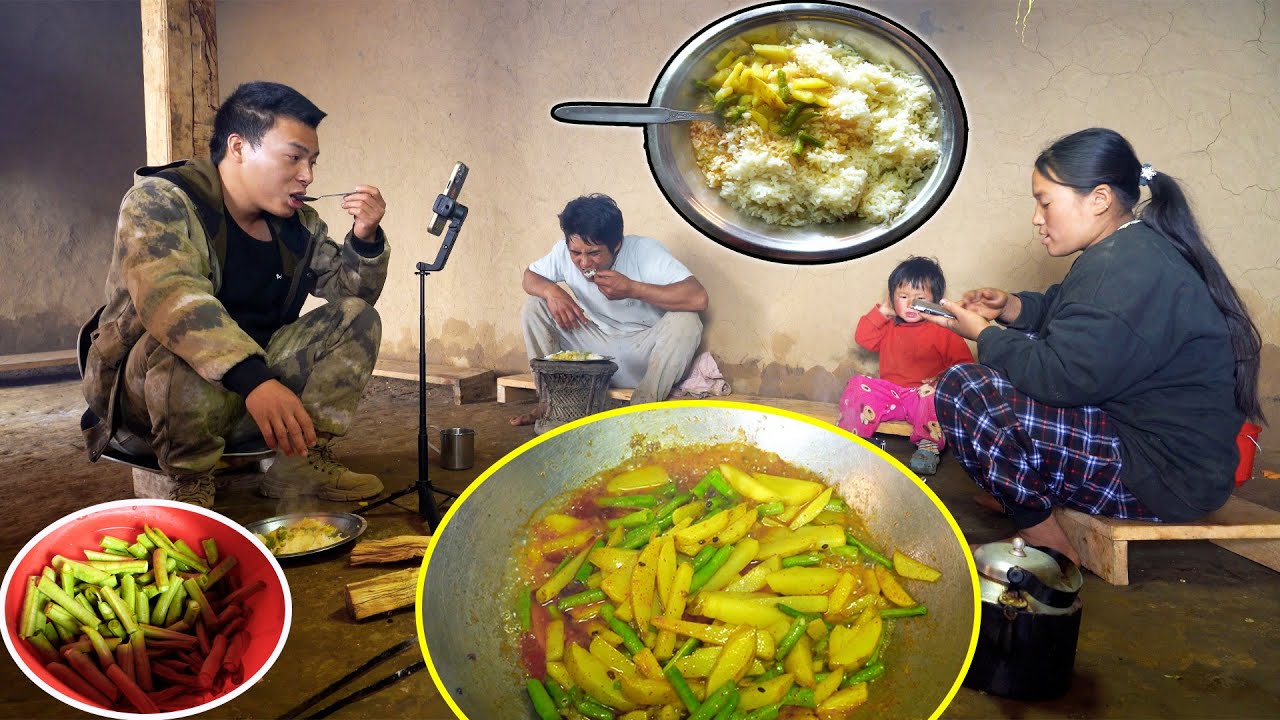 Jina Cooking beans & Potato Curry with rice II Village food Cooking & having