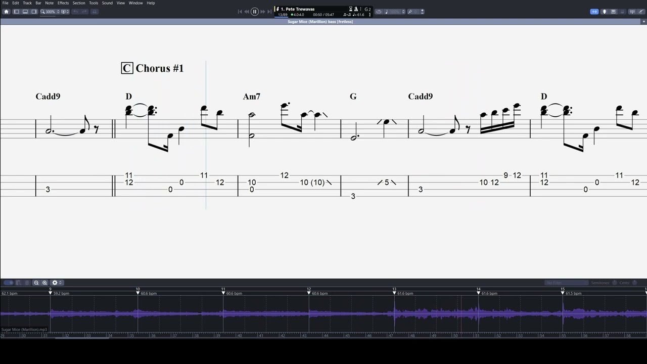 Sugar Mice (Marillion) sync'd bass transcription with on-screen notation/tab