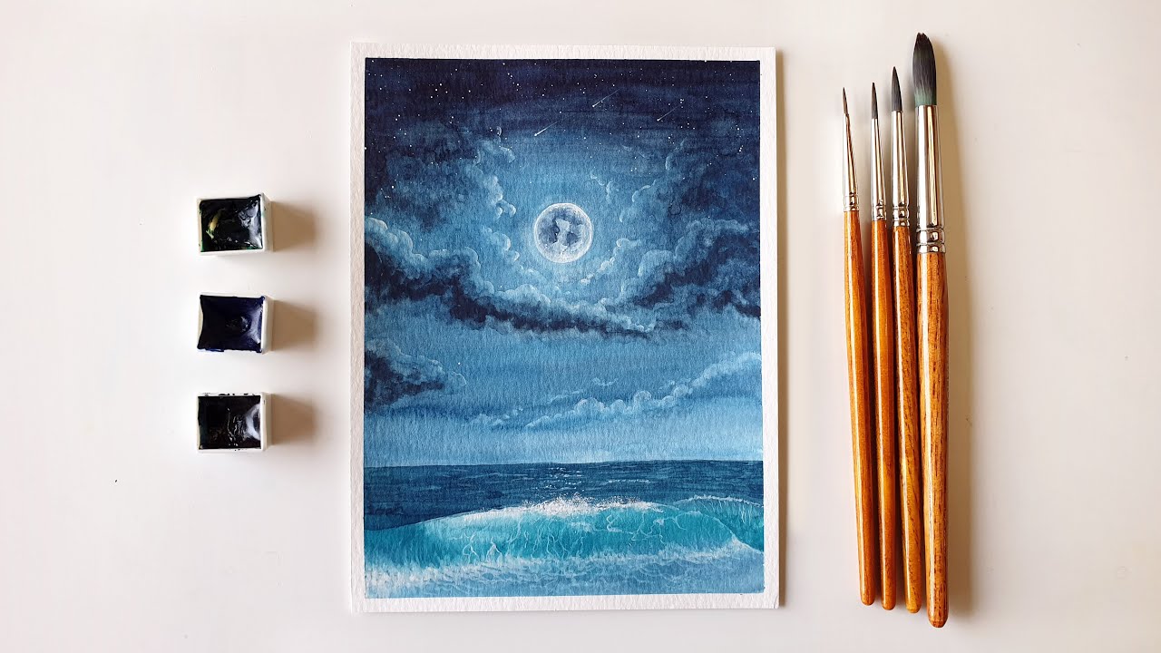 Moonlight Ocean Painting with Watercolor