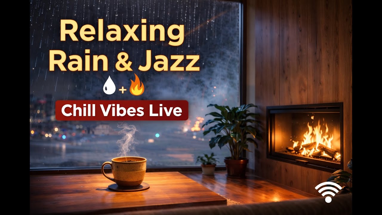 Relaxing Rain Sounds + LoFi Jazz – Fireplace Chill Beats to Reduce Stress 🌧️☕