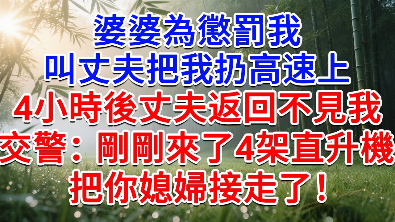 婆婆為懲罰我 ，叫丈夫把我扔高速上，4小時後丈夫返回不見人影，交警：剛剛來了4架直升機，把你媳婦接走了！#為人處世#生活經驗#情感故事#故事#小說#戀愛#情感#婚姻