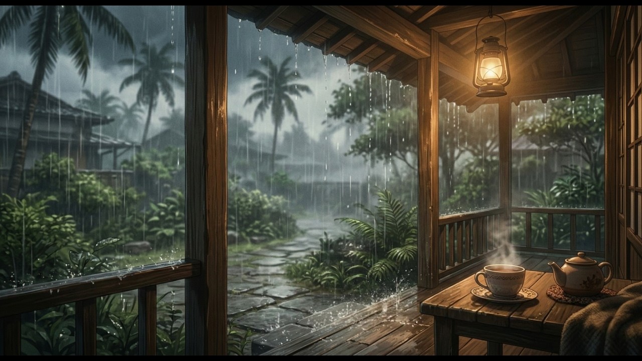 Rainy Bali Night | 1 Hour Nature White Noise & Artsy Illustration for Relaxation
