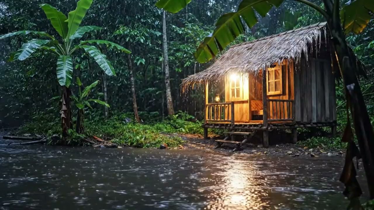 Deep Sleep Tonight 🌧️ Rain, River & Fireplace Sounds  Relaxing Piano Forest Cabin
