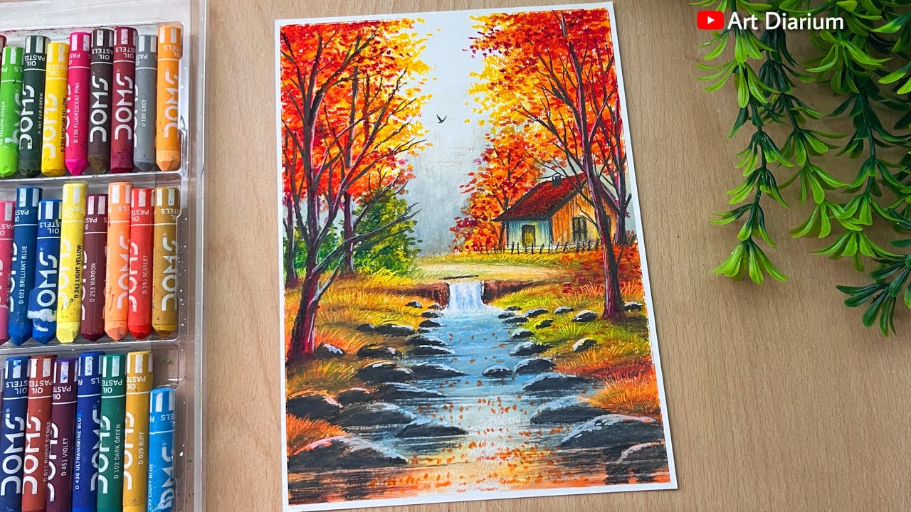 Autumn Nature Scenery Drawing With Oil Pastel - Step-by-step
