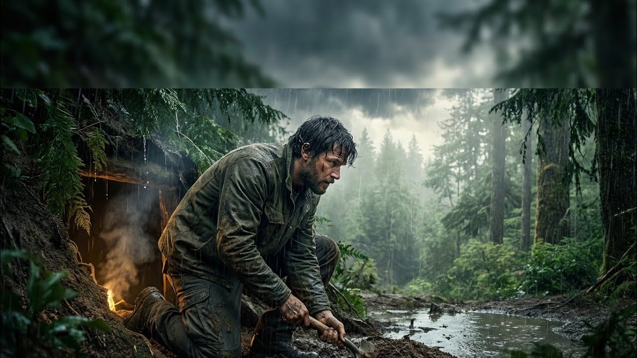 Trapped in the Rain (ASMR): He Dug a Secret Forest Shelter With Bare Hands Survival Story
