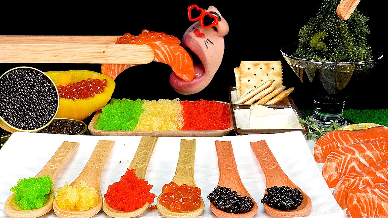 MUKBANG Caviar, sea grapes, salmon roe, flying fish roe, and Edible spoon 캐비어 먹방 ASMR EATING SOINDS