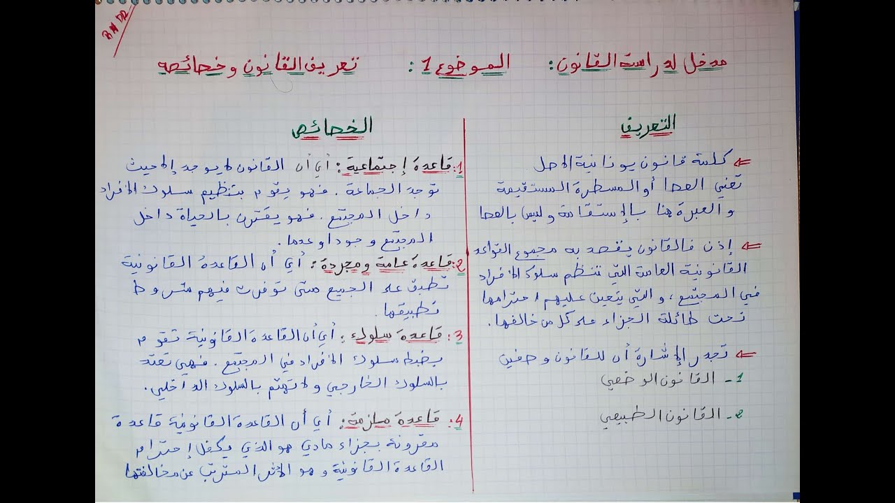 أجي تفهم مدخل لدراسة القانون s1 :. الموضوع الاول : تعريف القانون و خصائصه (شرح بسيط و بالدارجة )