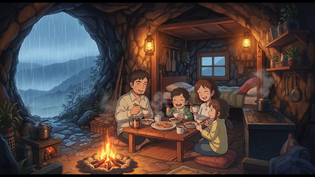Cozy Cave Life | Stuck in the Rain! Our Cozy Cave Shelter Experience | Studio Ghibli Style 