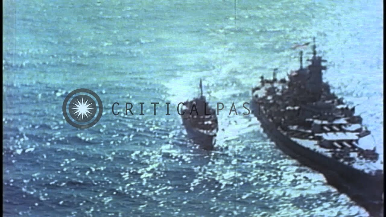 US destroyers underway flank battleships off the coast of Japan at the end of Wor...HD Stock Footage