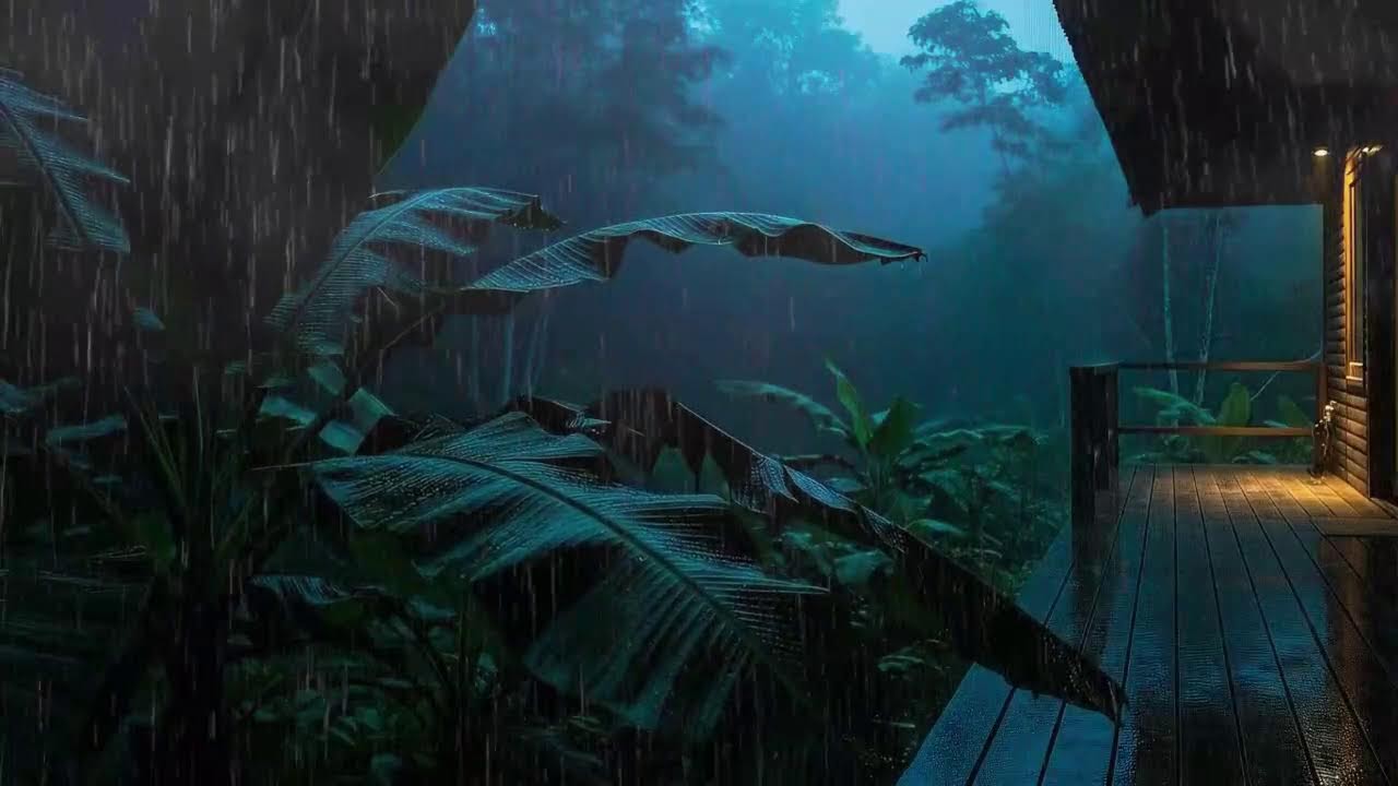 Sleep Now with Steady Rain Sounds and Distant Storm at Wooden Cabin Terrace 🌧️